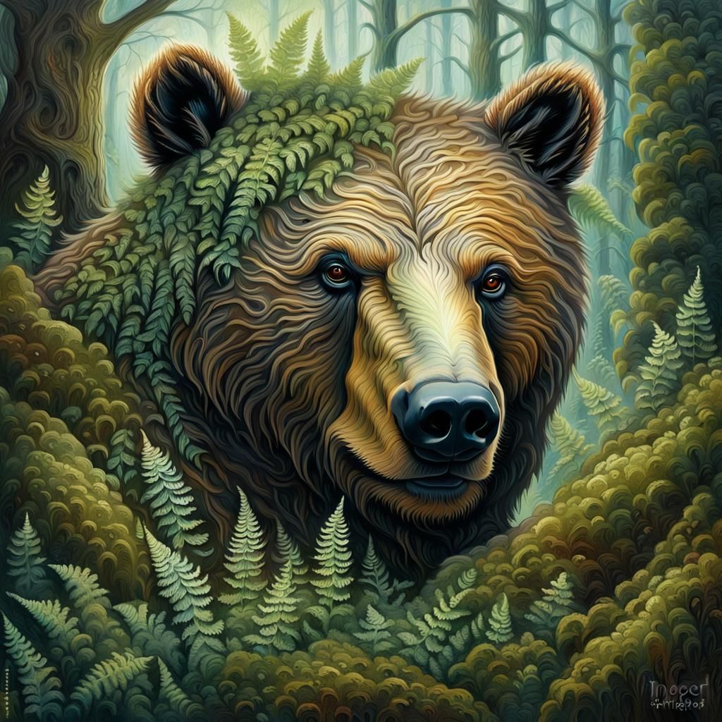 Enchanted Bear in Forest Glade Oil Painting