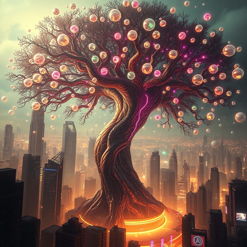 Glowing World Tree in Dystopian Cyberpunk Metropolis