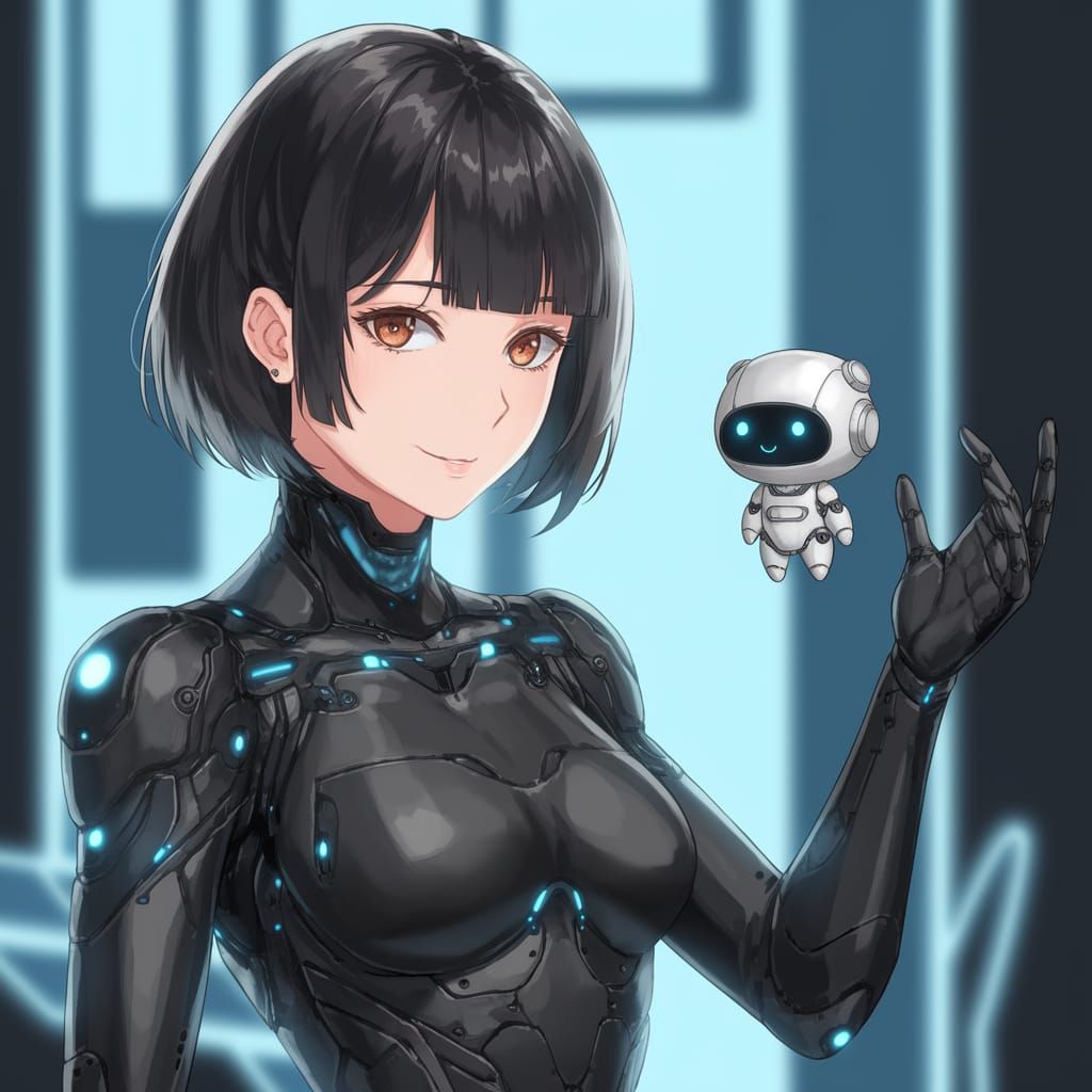 Anime Woman Awakens Futuristic Robot in a Cosmic Scene