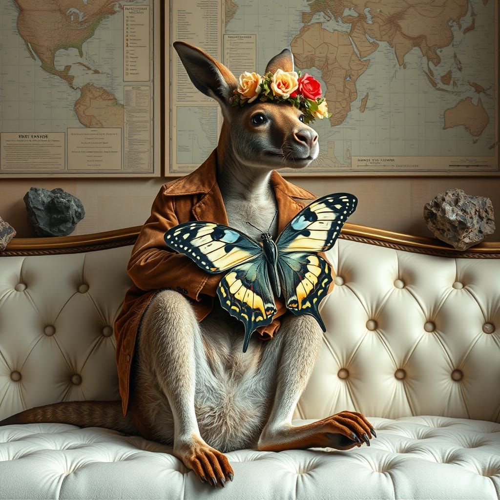 Kangaroo and Butterfly Embrace in Hyper-Real Dadaist Scene
