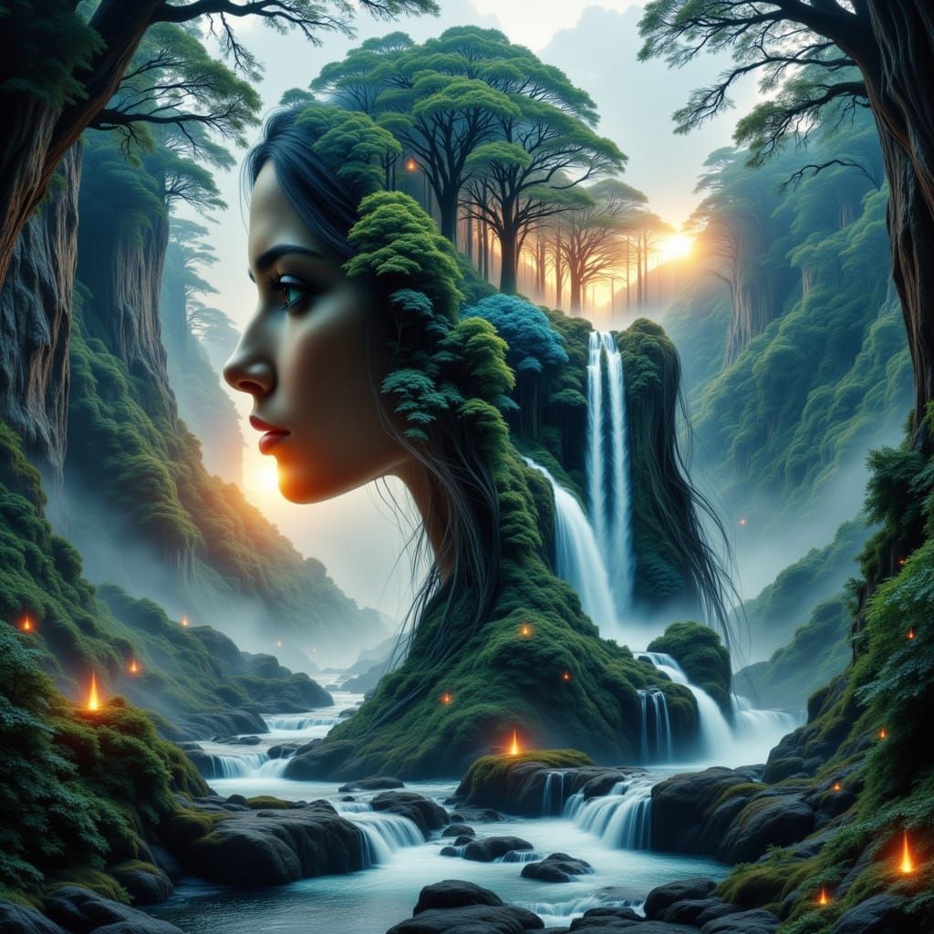 Goddess Merging with Sci-Fi Landscape in Double Exposure