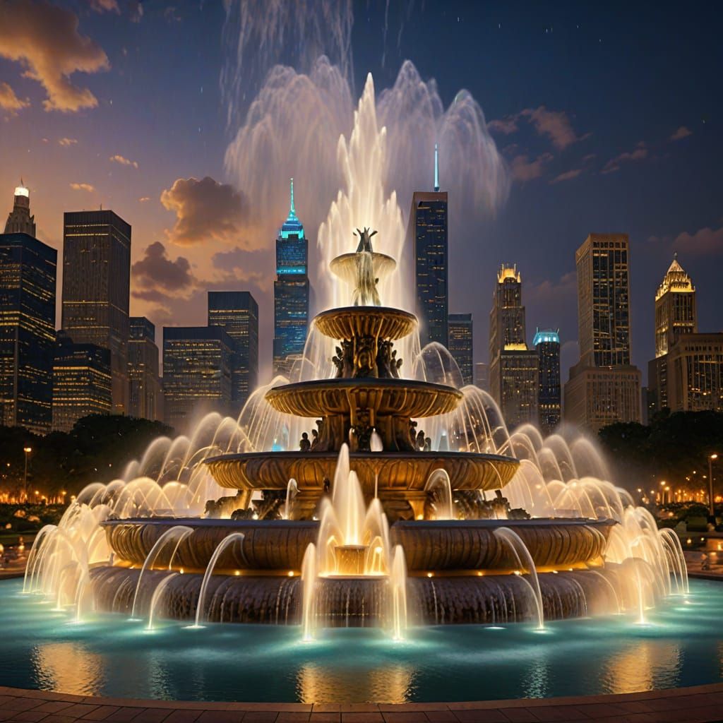Buckingham Fountain at Night in Dreamy Painterly Style