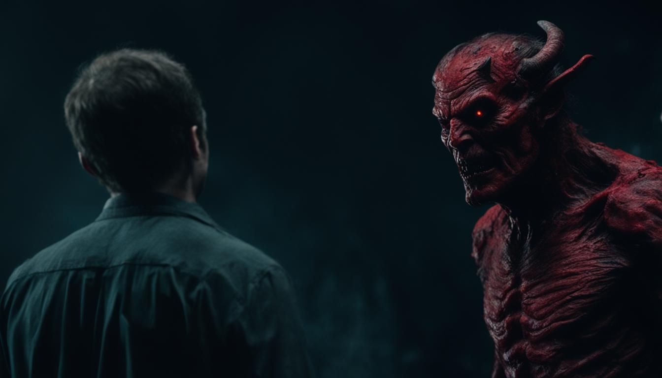 Cinematic Red Demon Lurking Behind Man