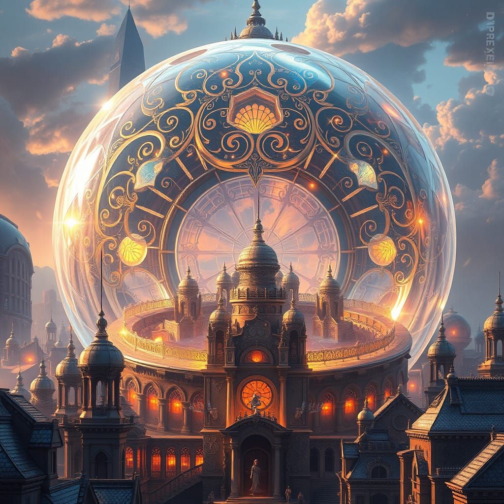 A Futuristic Glass Dome Envelops a Glimmering Metallic Citys...