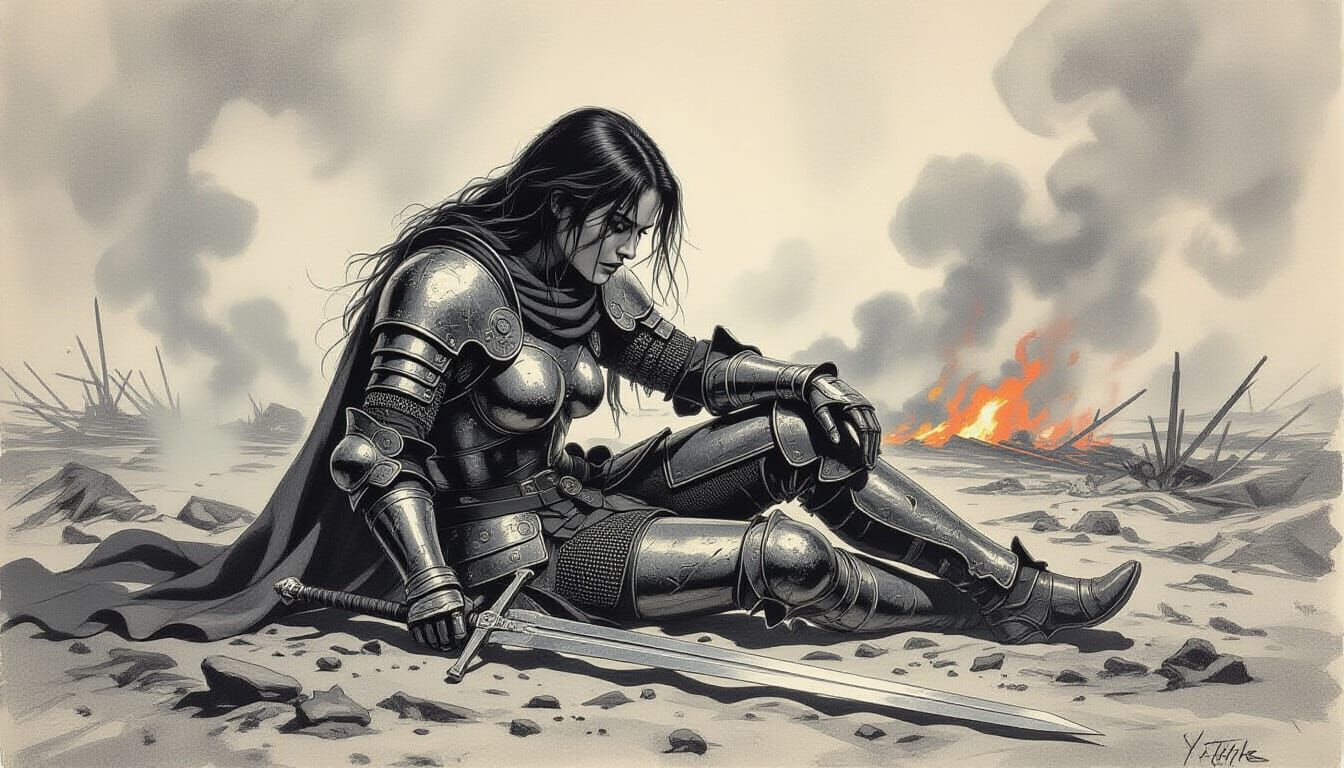 Defeated Warrior on Desolate Battlefield in Charcoal Drawing