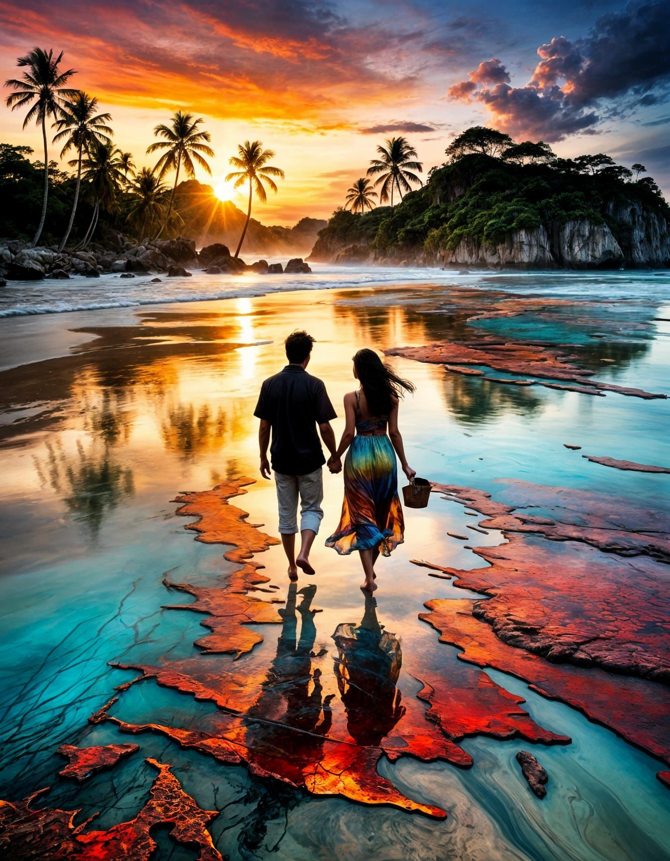 Stunning Tropical Paradise with Walking Couple by Sunset