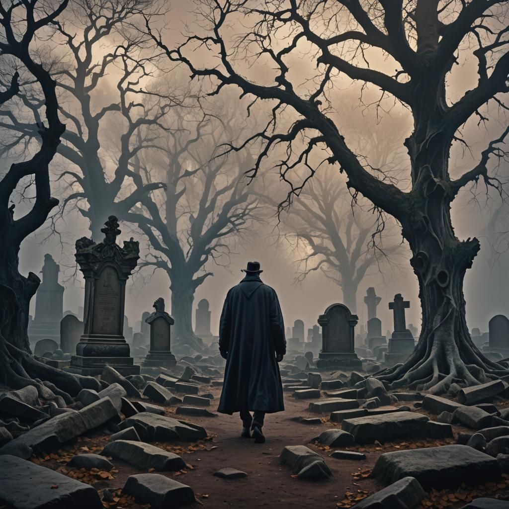 Ethereal Figure in Dark Fantasy Graveyard Painting