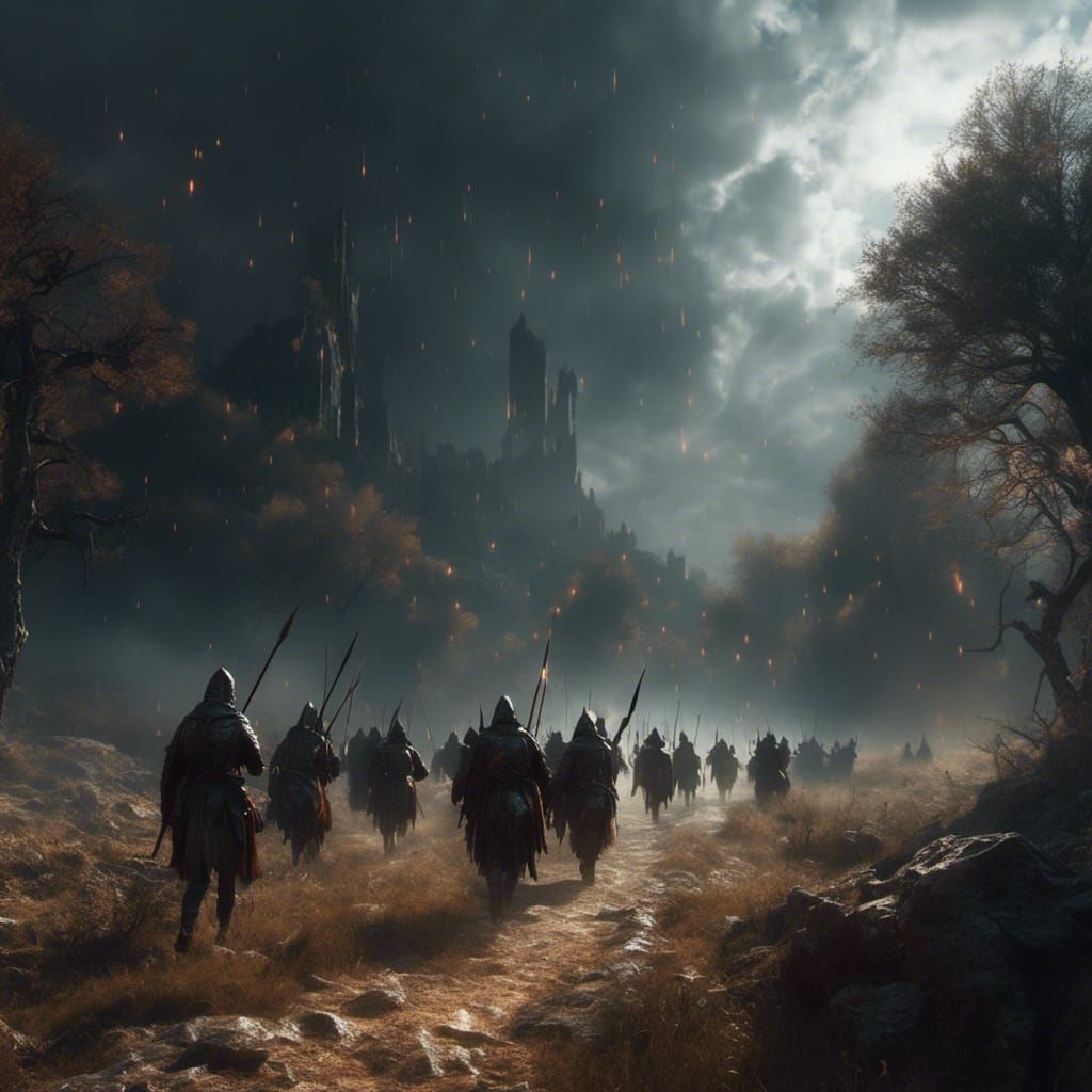 Medieval Army Marches in Misty Landscape