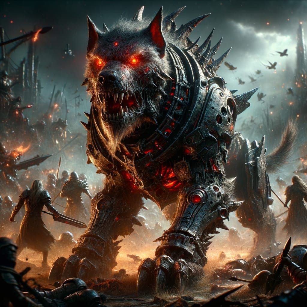 Fearsome Armored Warhound on a Chaotic Battlefield