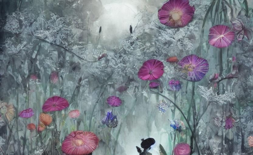 Neon Mushroom Chibi People in Detailed Gouache Painting