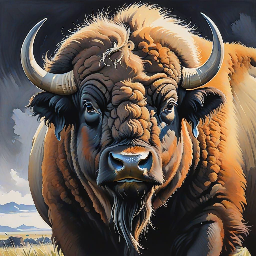 Detailed Gouache Painting of a Buffalo