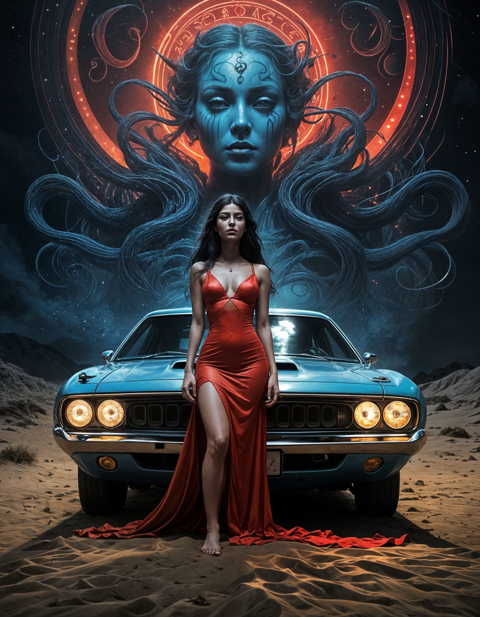 Hecate and 1973 Plymouth Cuda on Starry Beach