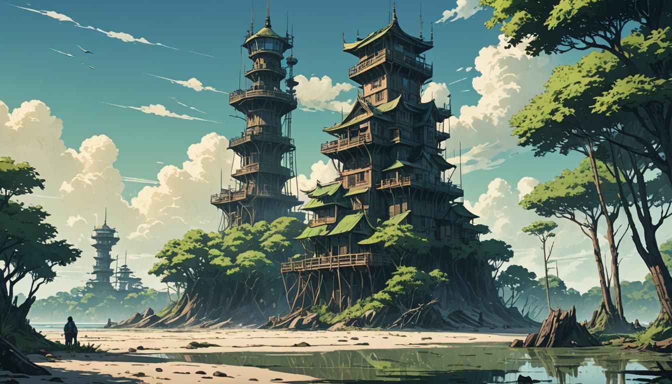 Anime-Style Swamp Beach With Air Tower