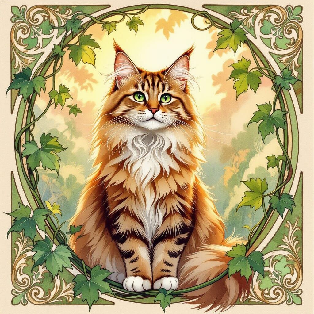 Art Nouveau Watercolor Portrait of a Fluffy Maine Coon Cat