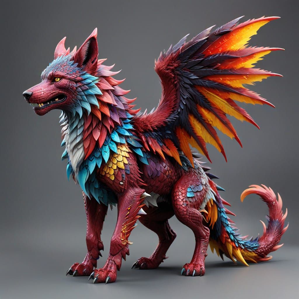 Vibrant Dragon-Wolf Hybrid in Shimmering Ruby Scales