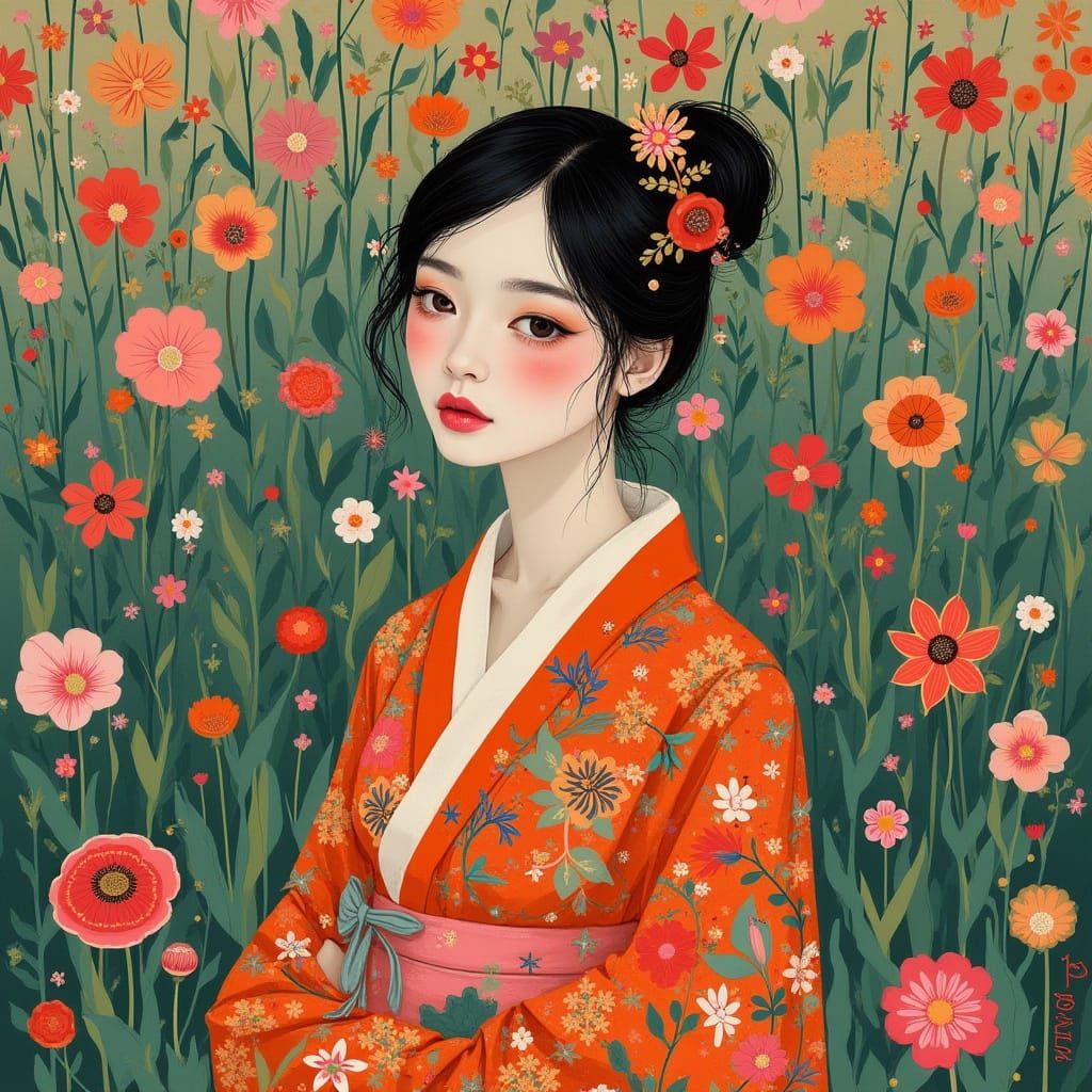 Asian Woman in Floral Dress in Flower Field