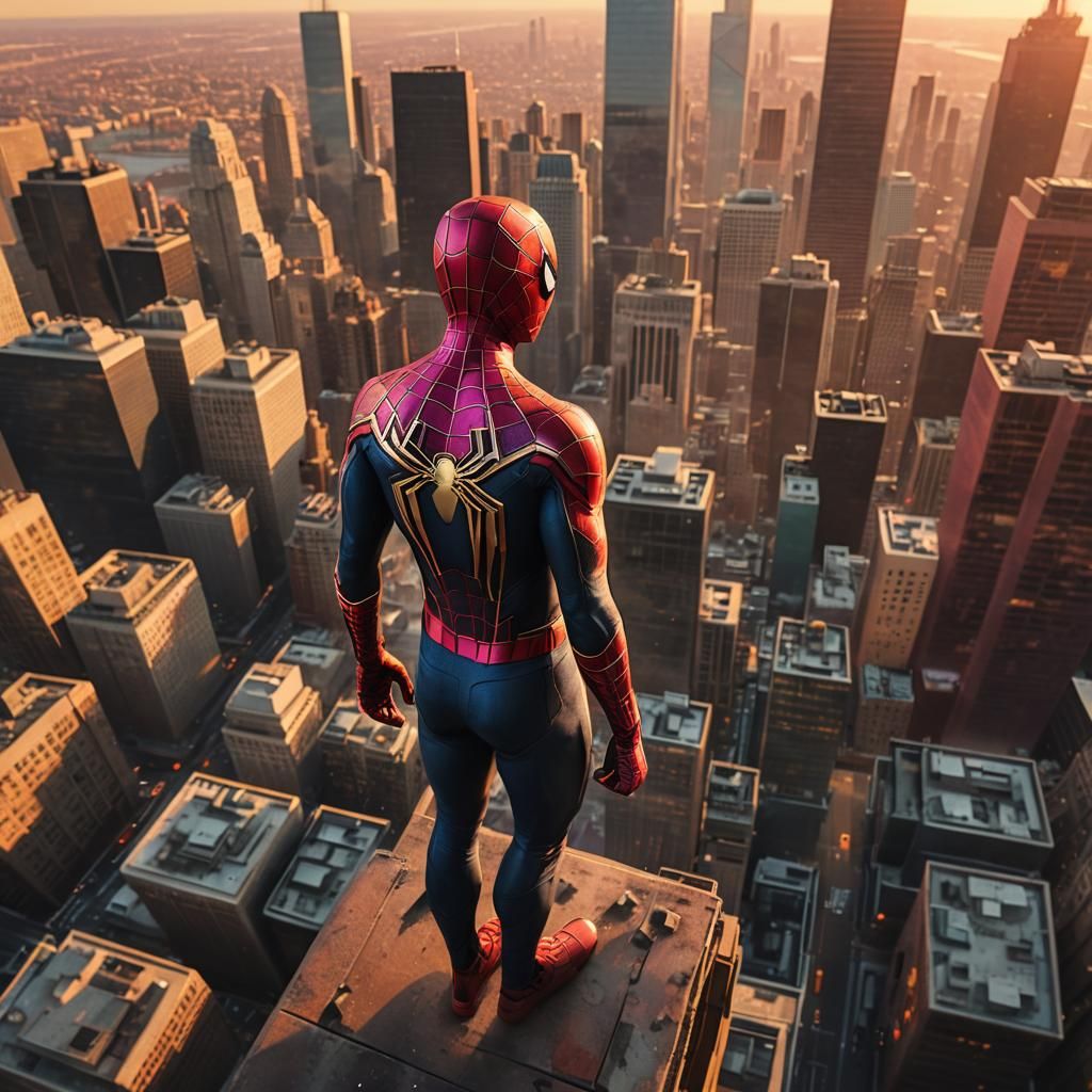 Spider-Man on Skyscraper at Sunset: Cinematic Digital Art