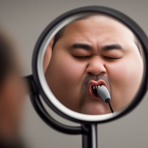 Chubby Man Examines Mouth in Mirror