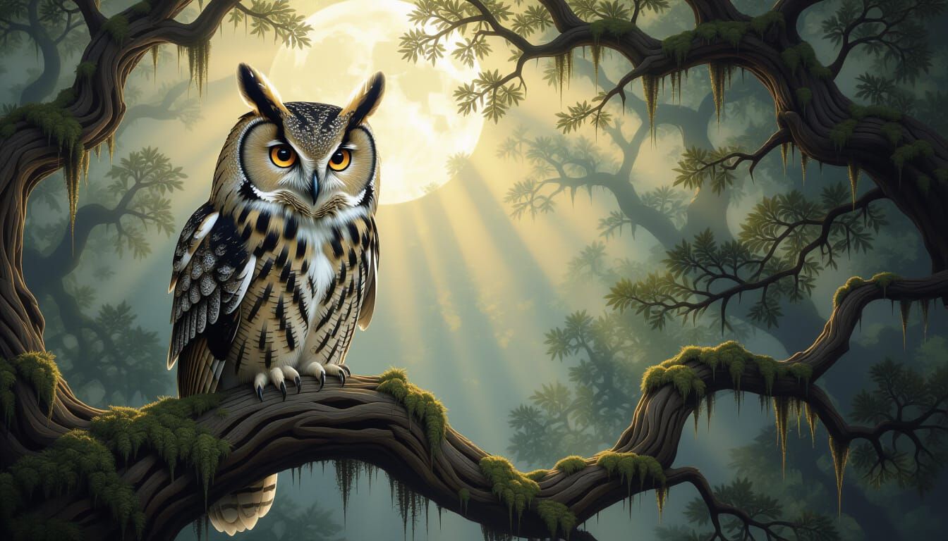 Majestic Owl in Enchanted Forest Moonlight
