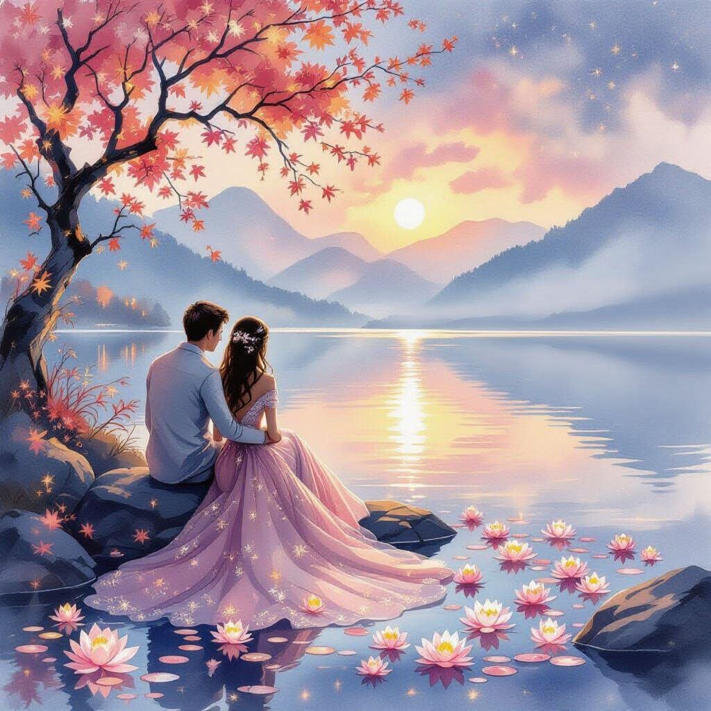 Fairytale Bosnian Couple at Autumn Lake in Watercolor