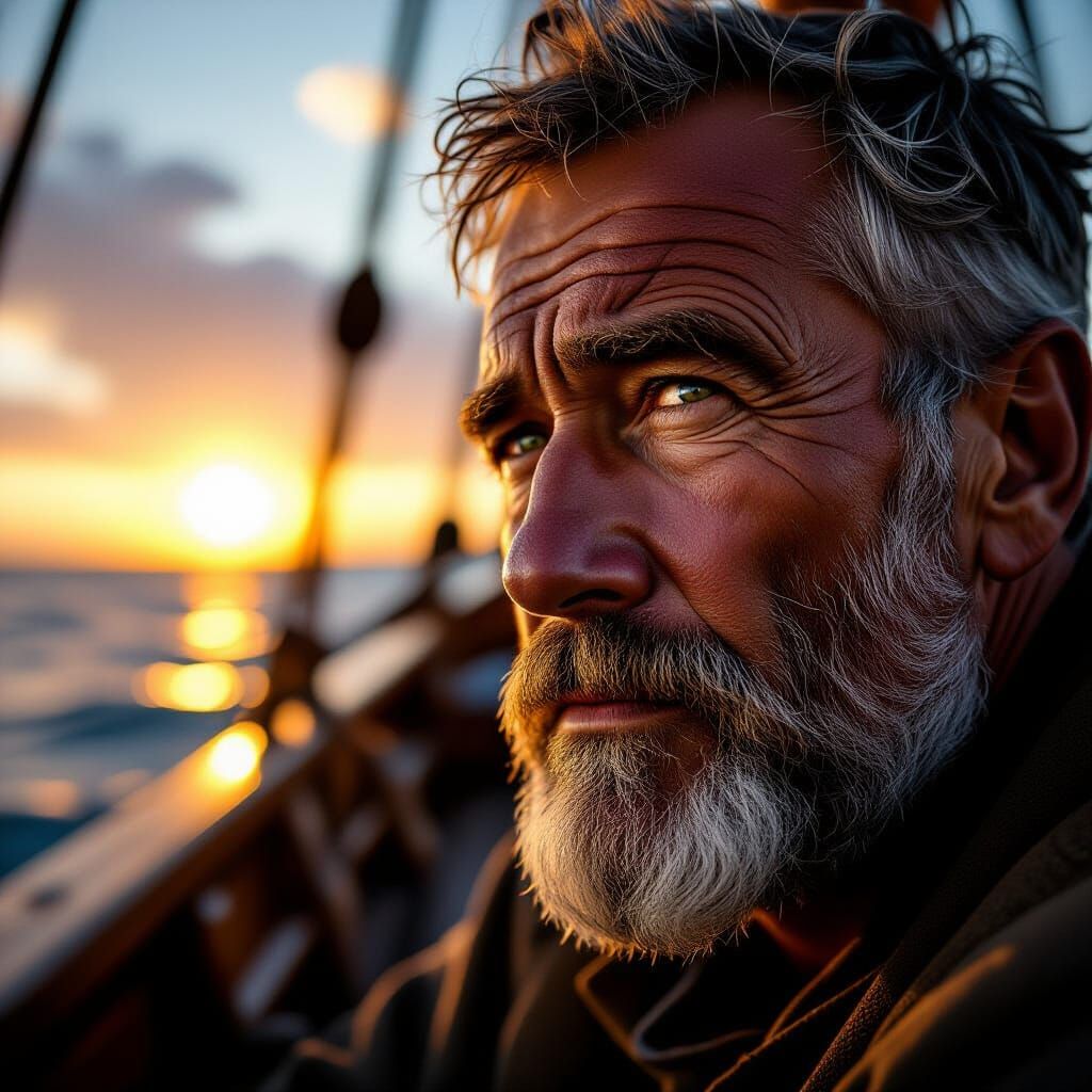Weathered Sailor's Face at Sunset on Ship Deck