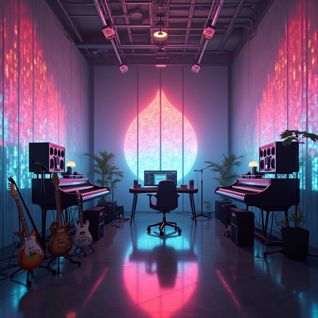 Surreal Futuristic Music Studio in Vibrant Neon