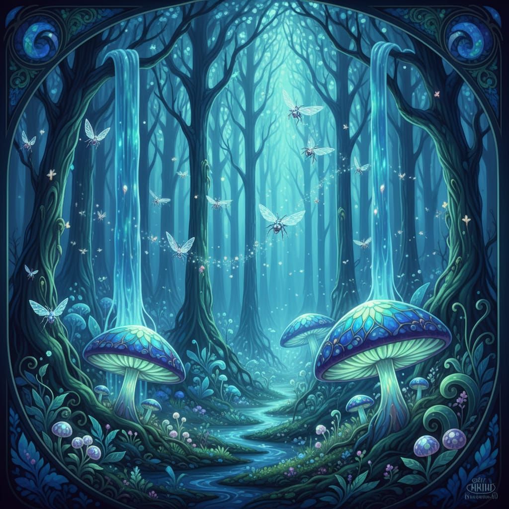 Magical Bioluminescent Forest With Liquid Light Trees