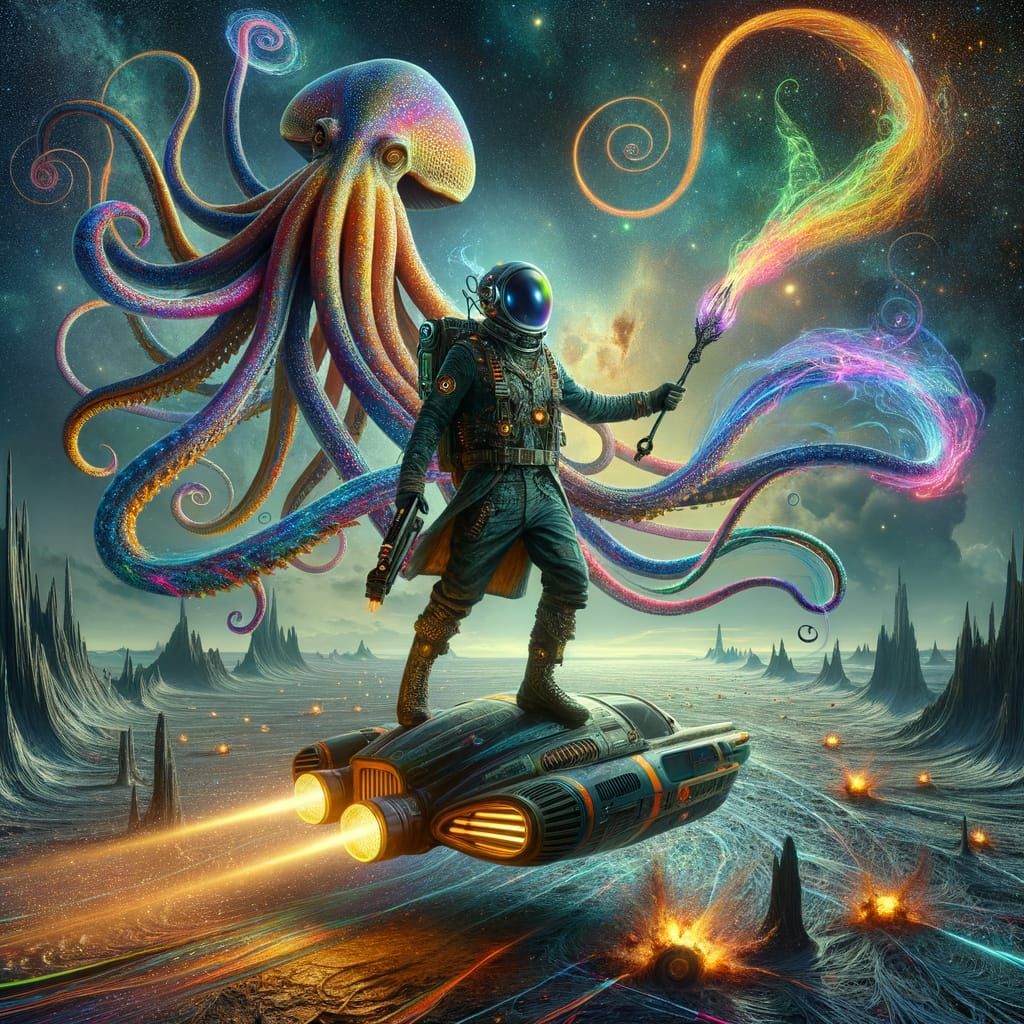 Ethereal Retro Sci-Fi Alien with Flaming Whip Navigates Mine...