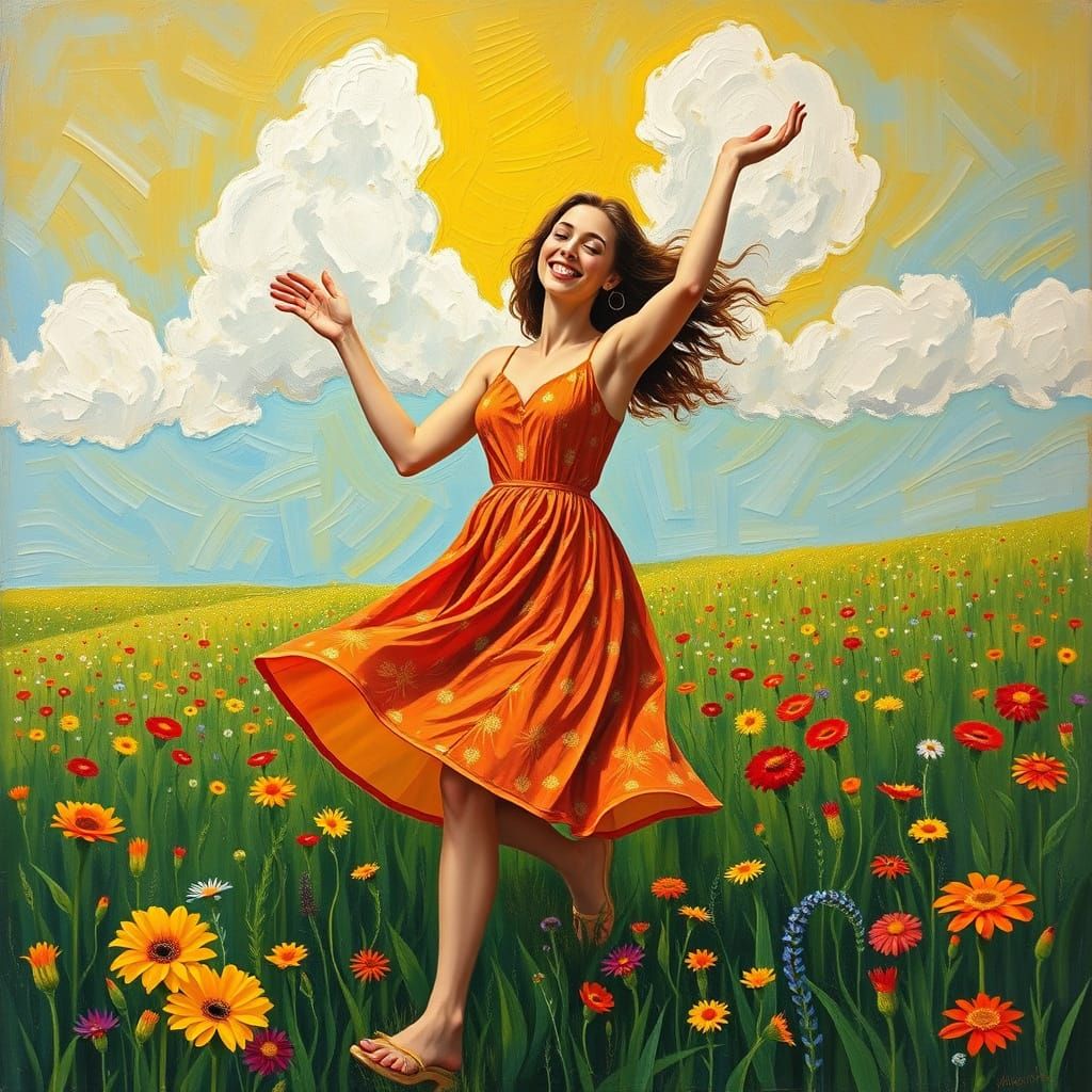 Woman Dancing in Meadow, van Gogh Impasto Style