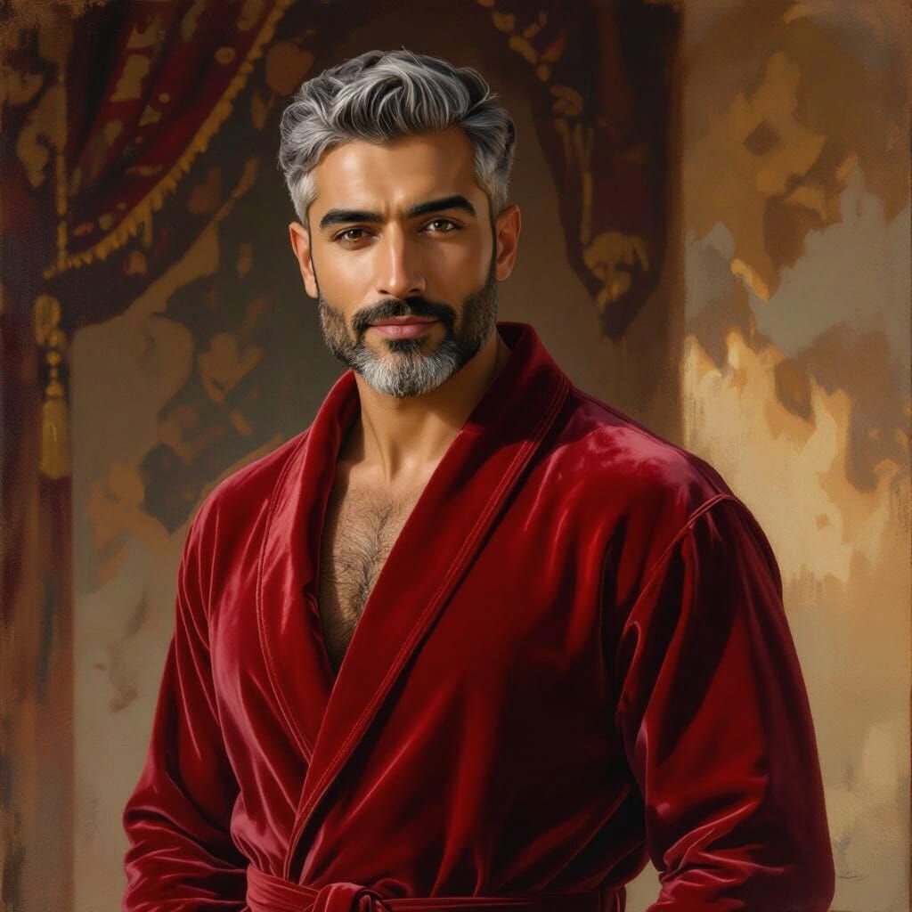 Handsome Man in Red Velvet Bathrobe with Silver Hair