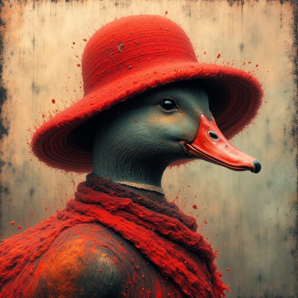 Duck in Red Hat: Monotype Printmaking Style