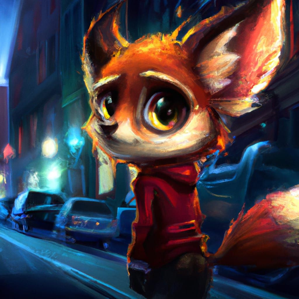 Magical Chibi Fox in City Alley, Digital Art