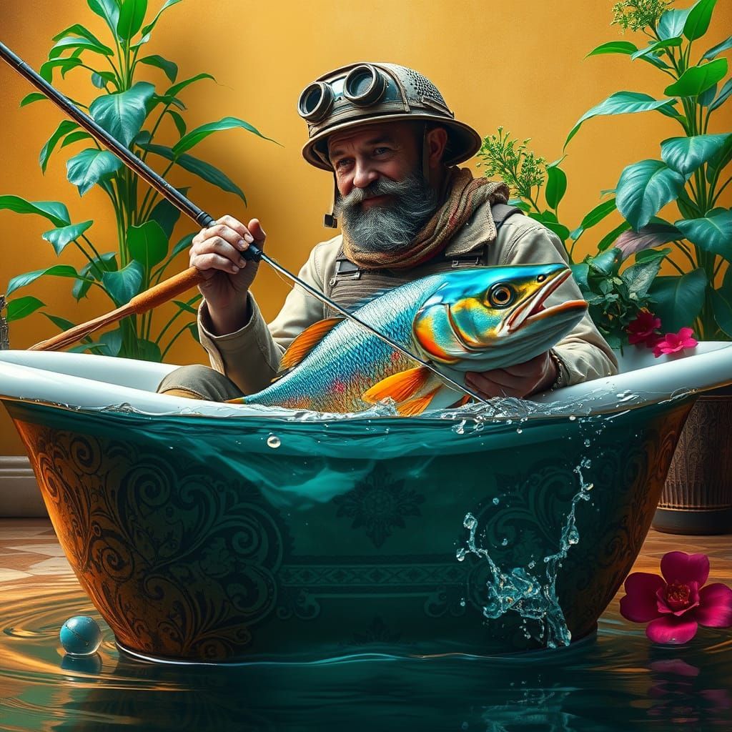 Fisherman's Breathtaking Catch in an Ornate Bathtub