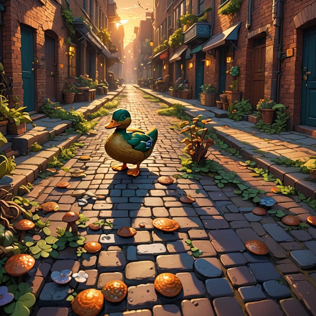 Cartoon Duck's Whimsical Walk at Golden Hour
