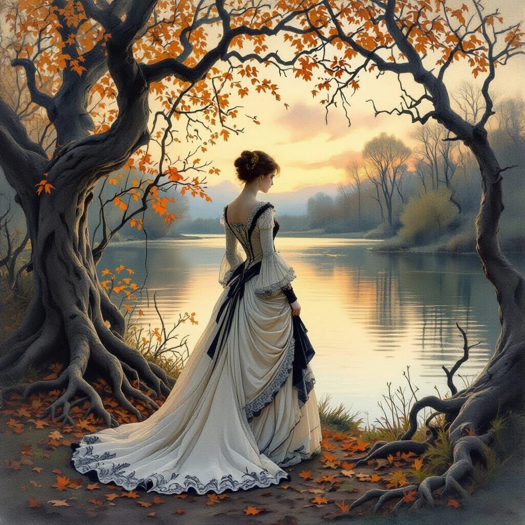 Woman by Lake at Dusk in Painterly Realism Style
