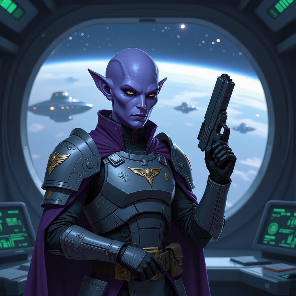 Alien Space Admiral in Cyberpunk Armor with Energy Pistol