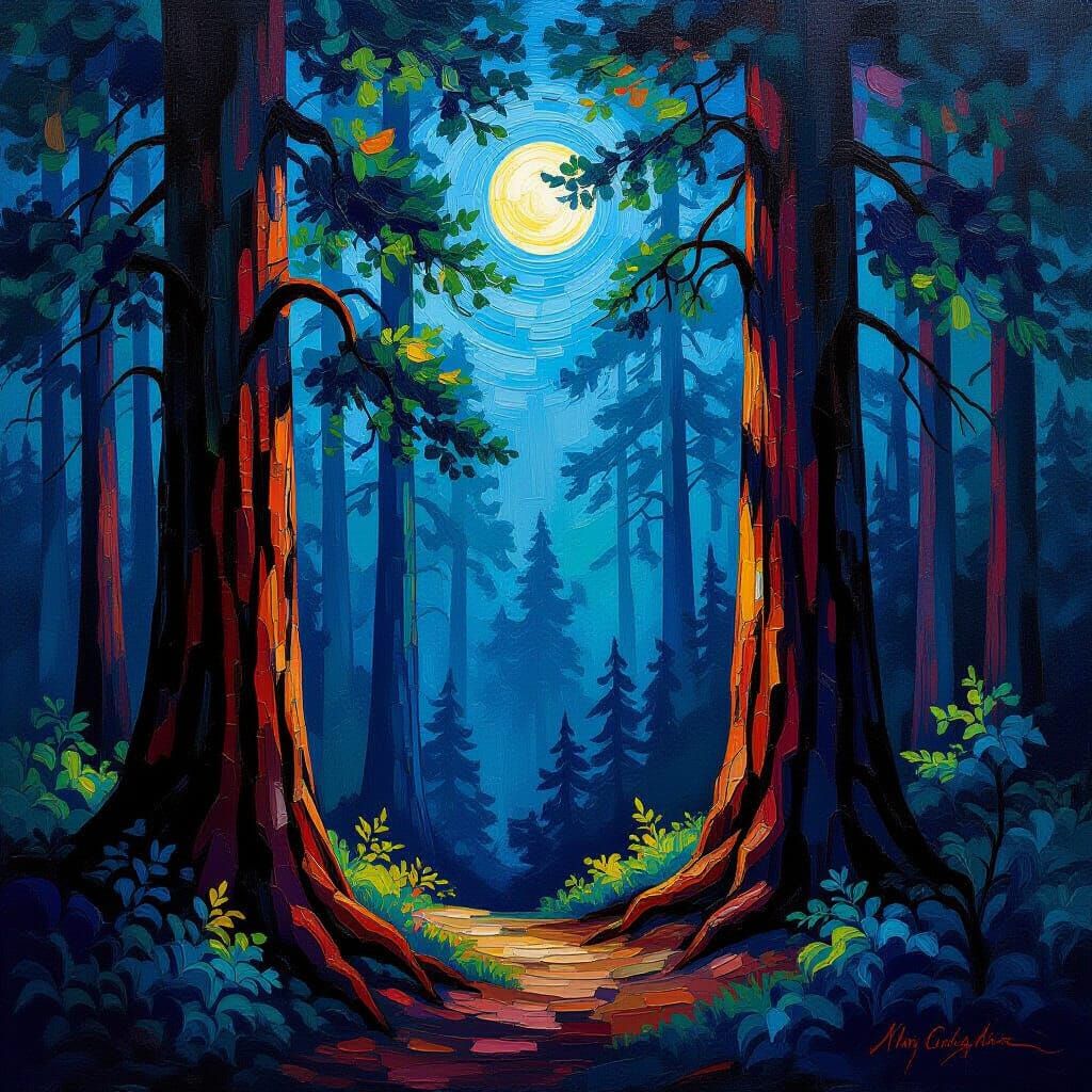 Neo-Impressionist Redwood Forest at Night