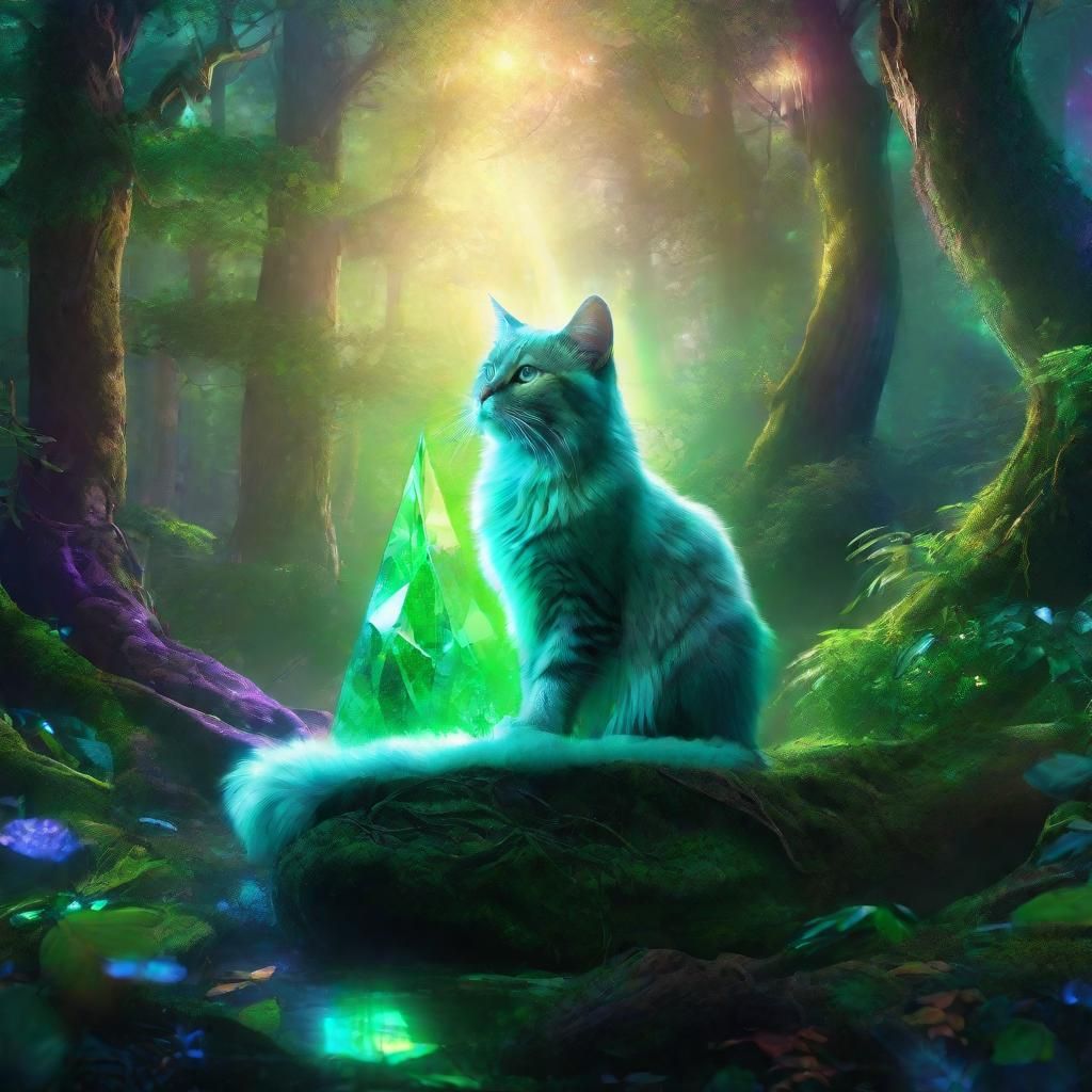 Mystical Cat on Crystal in Emerald Forest