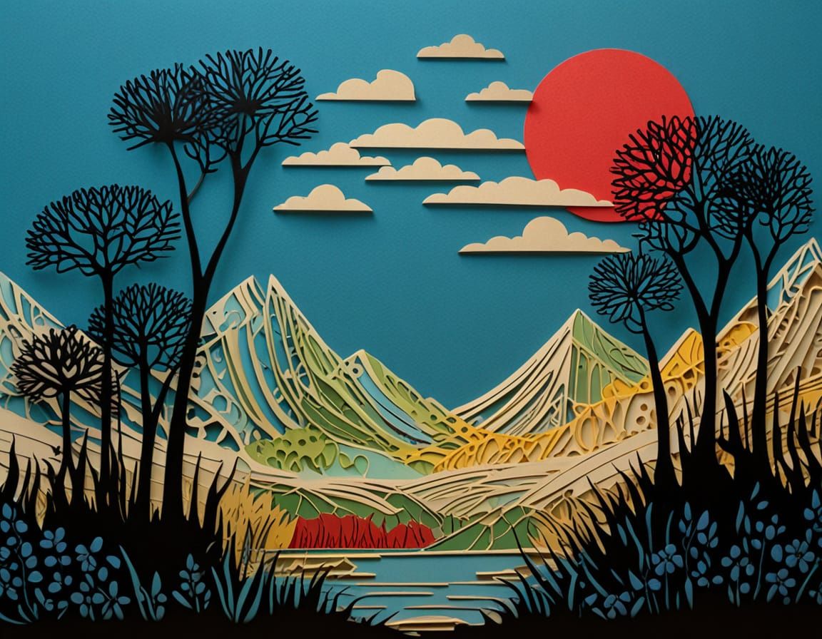 Surreal Fantasy Scene with Rising Sun and Danseuse in Paperc...