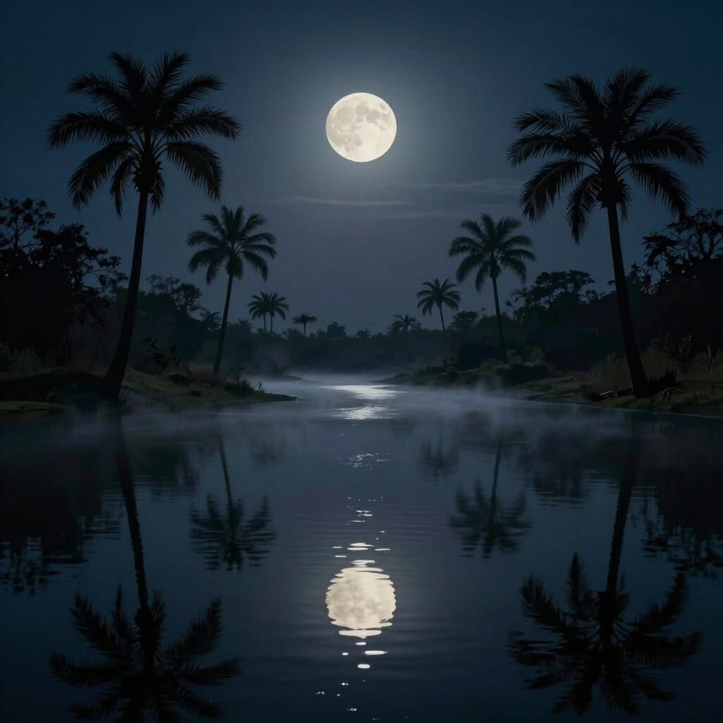 Mystical African River at Night Under Full Moon