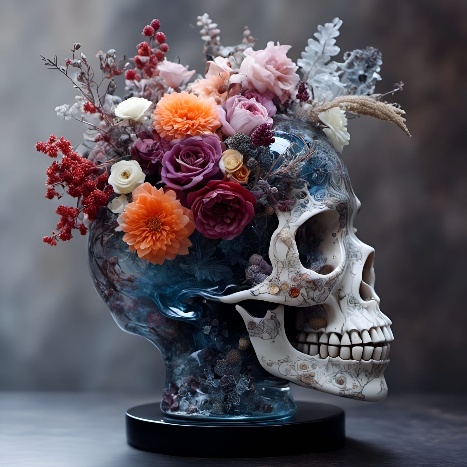 Blown Glass Skull with Floral Adornments