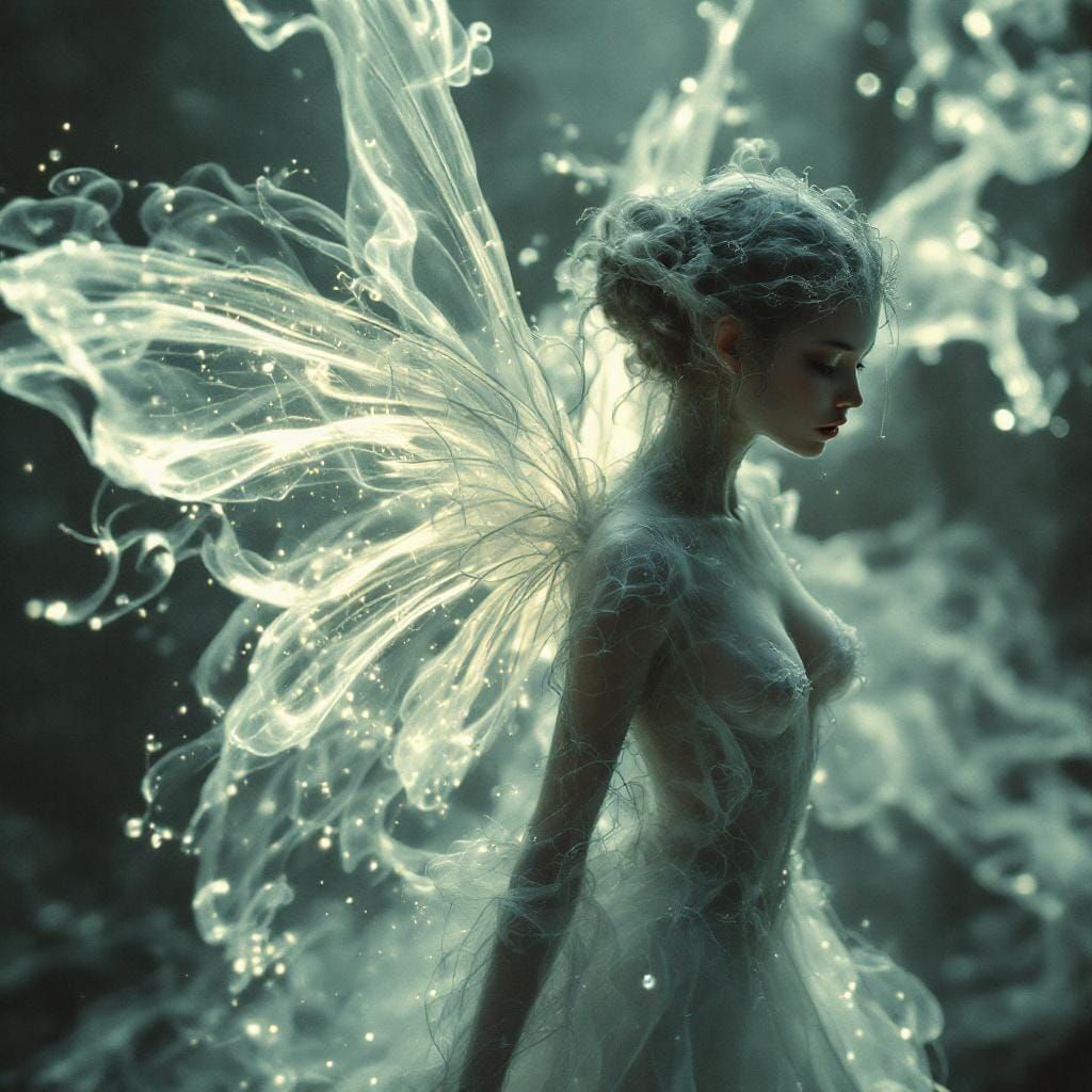Ethereal Silver Mist Fairy in Vaporwave Style