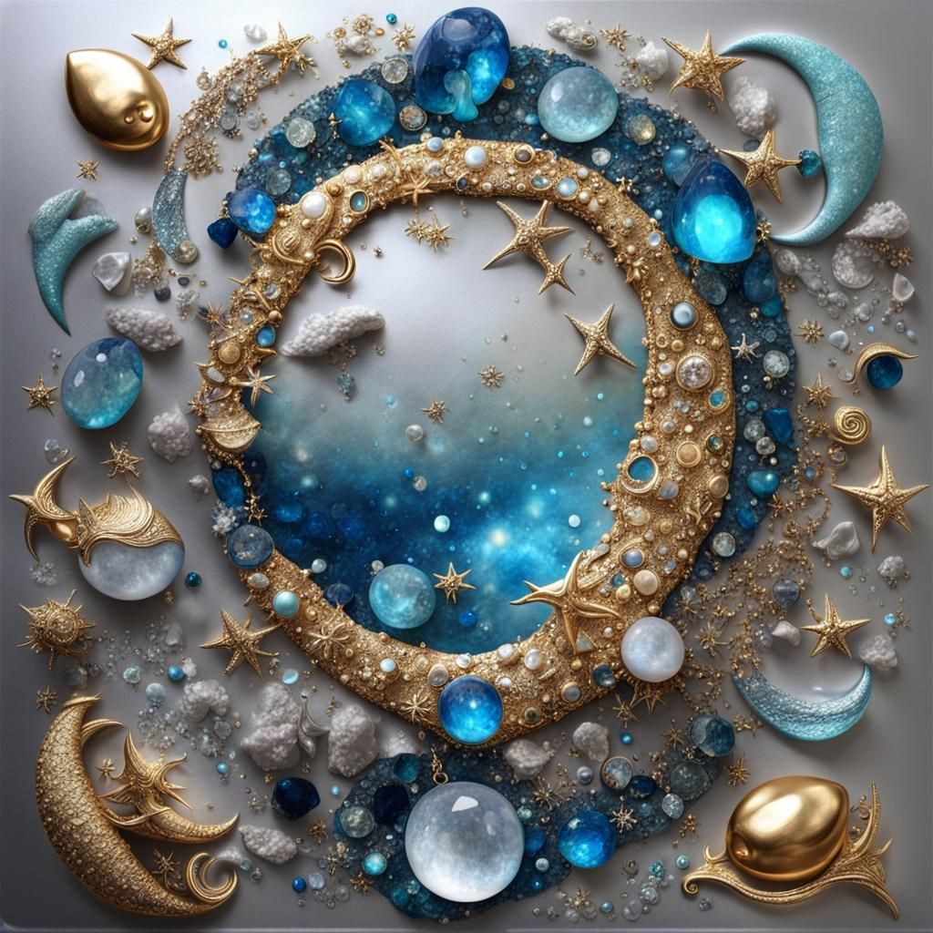 Surreal Mermaid Creation in Gold, Silver, and Azure