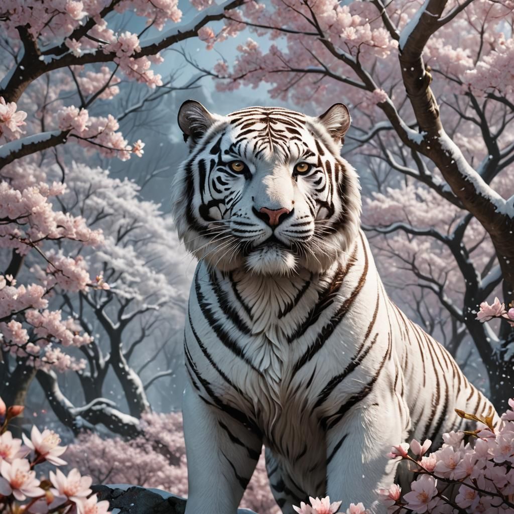 White Tiger Among Cherry Blossoms: Fantasy Art