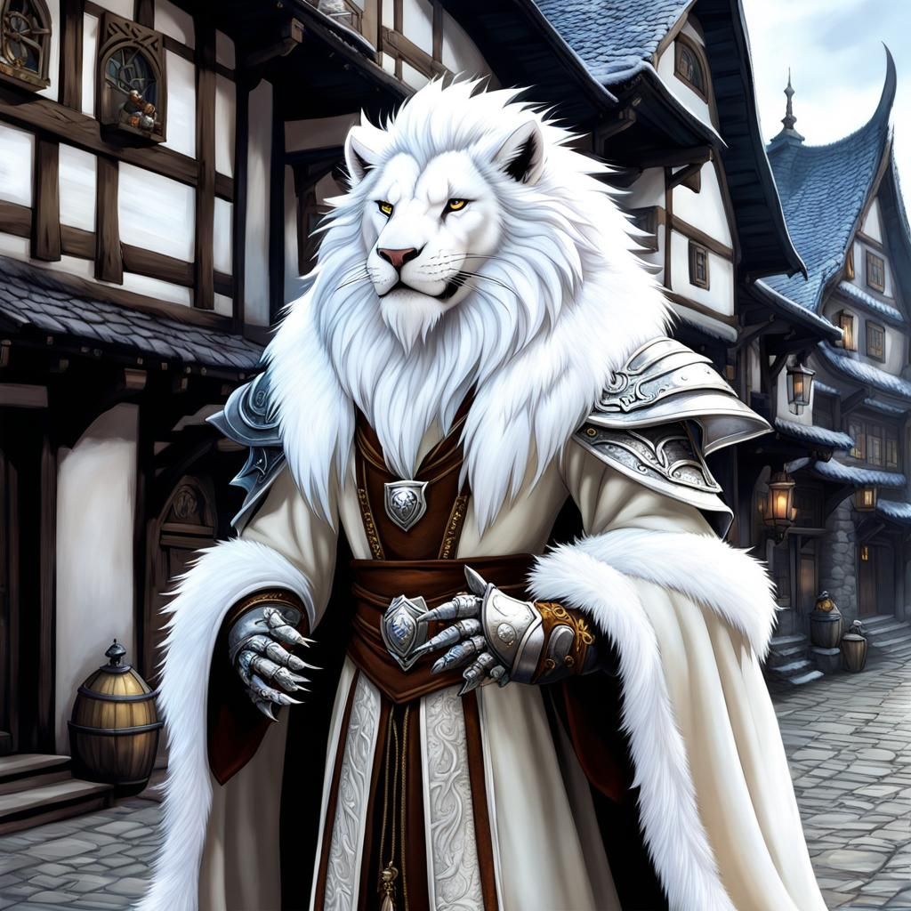 Anime Style Lion Sorcerer in Medieval Town
