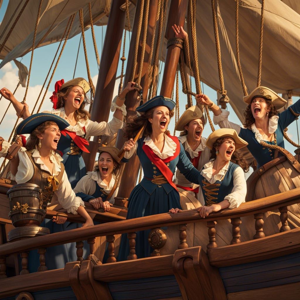 Cheerful Female Sailors on a Pirate Ship