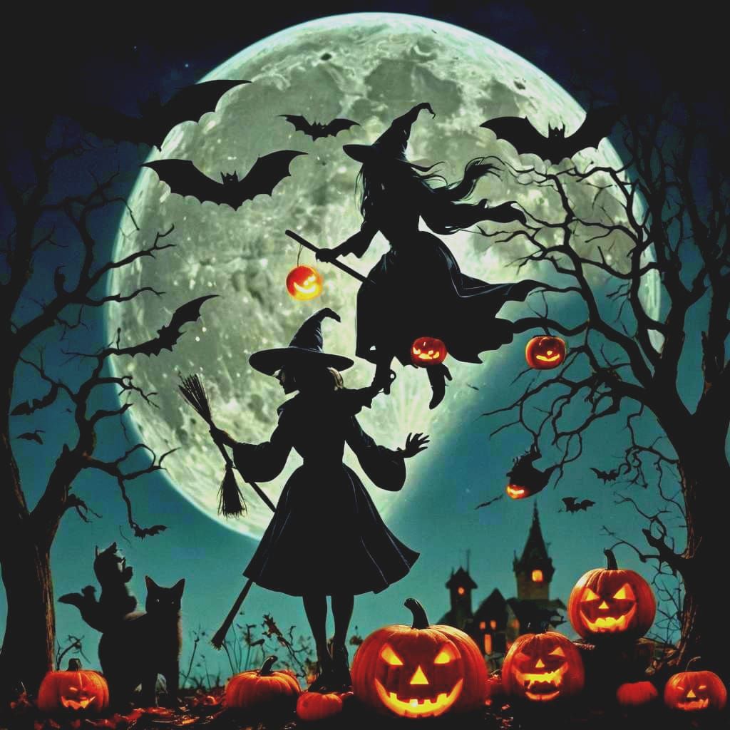 Surreal Halloween Pumpkin Diorama with Witches