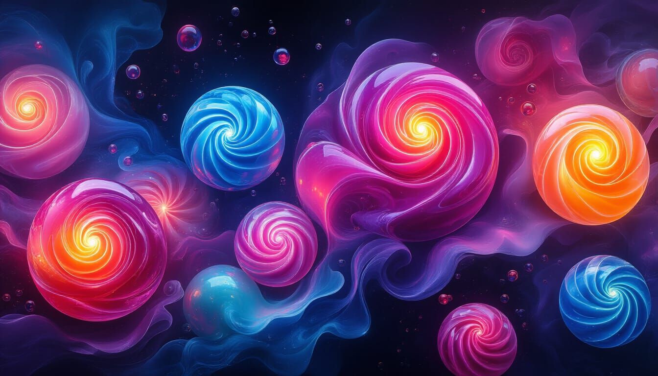 Bioluminescent Swirling Candies in Psychedelic Ink Style