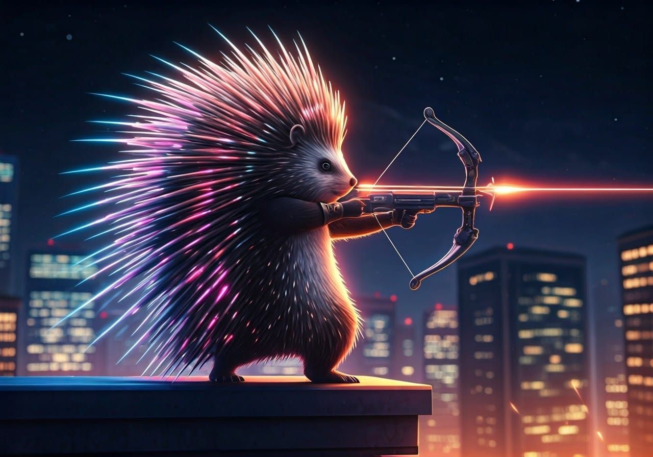 Sleek Hero Porcupine Battles Under Starry City Sky