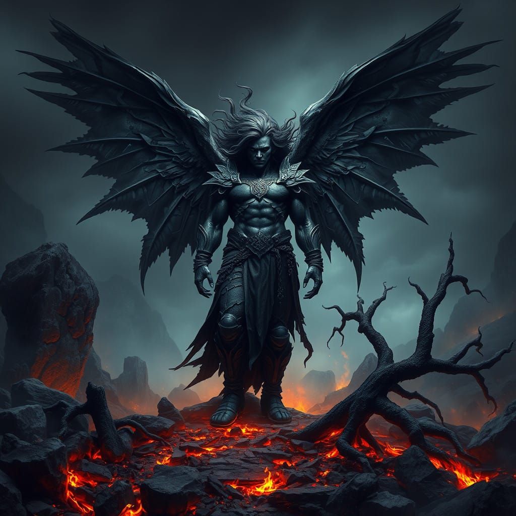 Dark Angel in Desolate Landscape